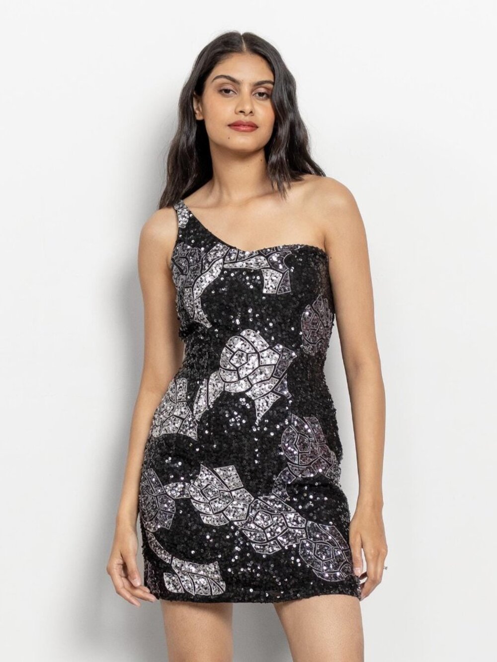 BLACK SEQUIN Dress Holiday Party Glam Vintage Mini One Shoulder / Small